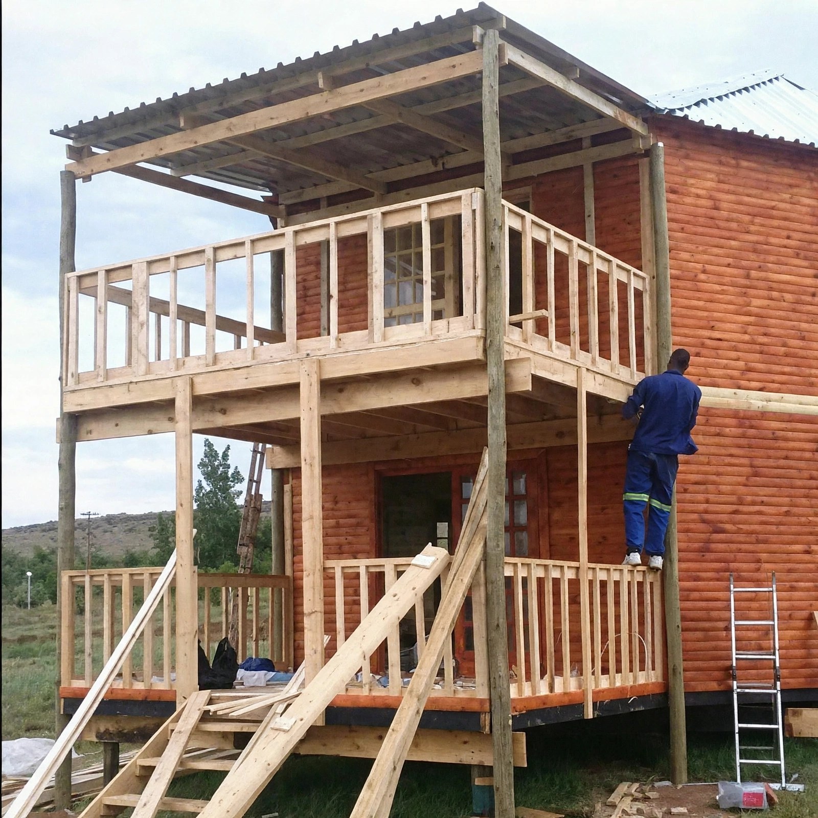 Two-level timber building with stairs and covered deck